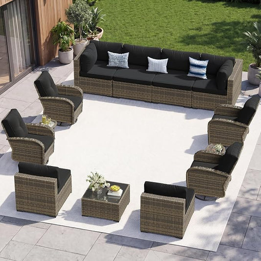 Aoxun 13 Piece Outdoor Patio Furniture Set with Coffee Table, Wicker Rattan Outdoor Furniture with High Back Swivel Rocker Chairs, Outdoor Conversation Set with Thick Cushion & Side Table, Black
