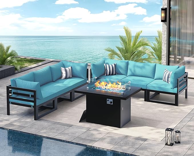 NICESOUL 7 Piece Large Modern Aluminum Outdoor Patio Furniture Set with Fire Pit Table, 29" Wide Deep Seat, Fade Resistant Comfy Sectional Sofa, 500 lbs Sturdy Backyard Conversation Set, Turquoise