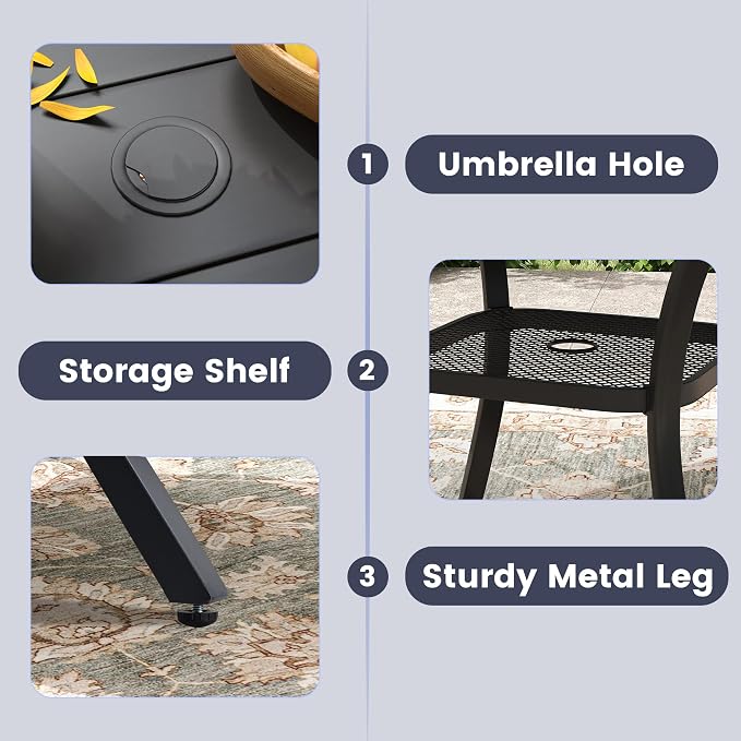VICLLAX Outdoor Table and Chairs Set for 4, Patio Dining Set of 37.8" Metal Square Patio Table with Umbrella Hole & 4 Swivel Outdoor Dining Chairs for Backyard Lawn, Charcoal & Black