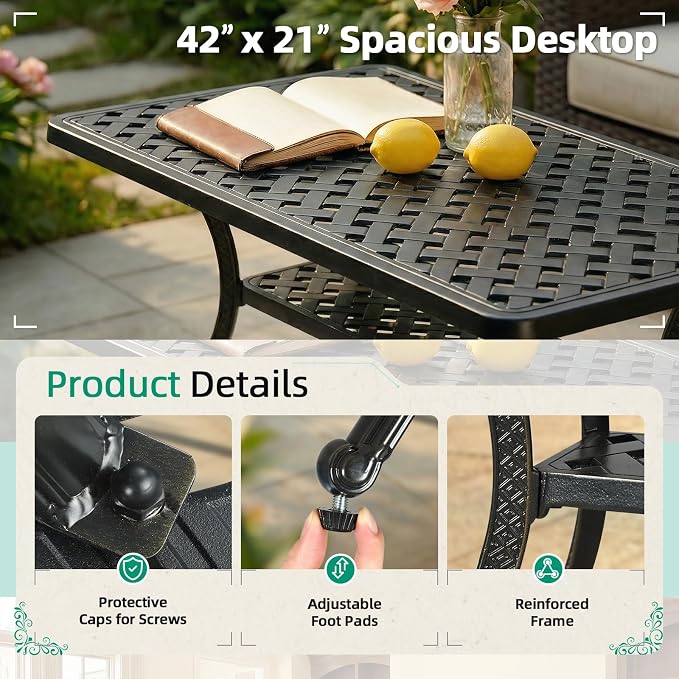 VIVIJASON Cast Aluminum Outdoor Coffee Table, 42 x 21 Inch Rectangular Patio Conversation Table with 2-Tier Storage, Rust-Resistant All-Weather Center Table for Deck, Backyard, Porch, Antique Bronze