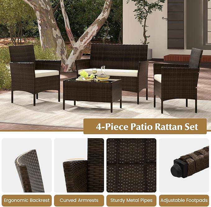 Tangkula 4 Piece Patio Rattan Conversation Set, Outdoor Wicker Furniture Set with Chair, Loveseat & Tempered Glass Table, Cozy Seat Cushions, Outside Sectional Sofa Set for Backyard, Porch (1, Beige)