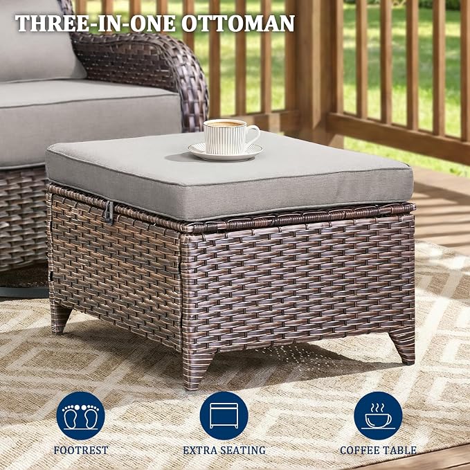 Luxury Swivel Rocker Chair Sofa Set with 6" Thick Cushions,7-Piece Wicker Patio Chair with Coffee Table and Ottoman,Outdoor Comfortable High Back Chair Patio Furniture Set - Brown | Gery