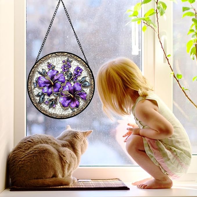 DASTOLL Stained Glass Window Hanging, Purple Flowers Romantic Suncatcher for Doors Home Sun Catchers Decoration and Christmas, Mother's Day Birthday Gifts for Women, Men, and Mom 11.8x11.8 in