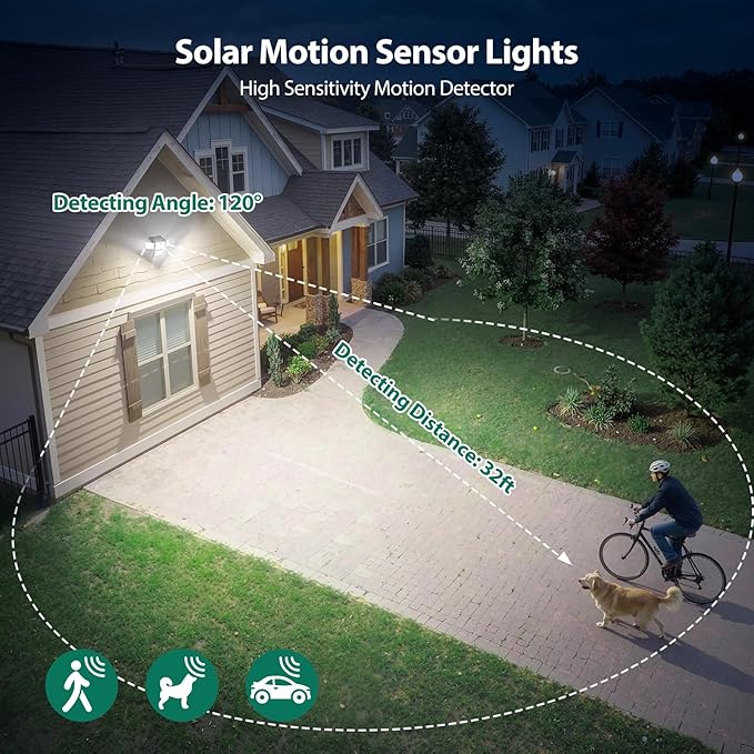 3000LM Solar Lights Outdoor, 4 Adjustable Heads Motion Sensor Security Light, 3 Modes, 6500K, IP65 Waterproof Solar Wall Flood Lights for Garden, Outside, Backyard, 4 Pack