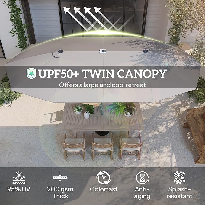 Outsunny 15ft Extra Large Patio Umbrella with Bright Solar Lights, Aluminum UPF50+ Double-Sided Outdoor Table Market Umbrella with Fiberglass Ribs Crank Air Vents for Backyard Deck Pool