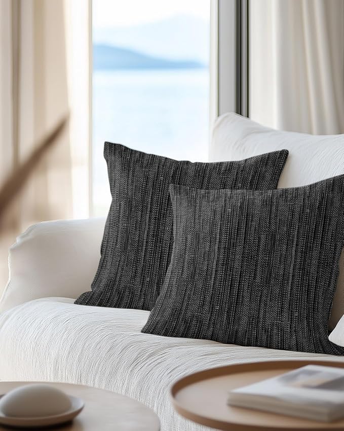 Outdoor Waterproof Throw Pillows 16x16in, Minimalist Obsidian Black Patio Pillows Pack of 2,Decorative Pillow Covers with Insert,Pillow Cushion Case for Garden Couch Sofa Vintage Linen Weave Textured