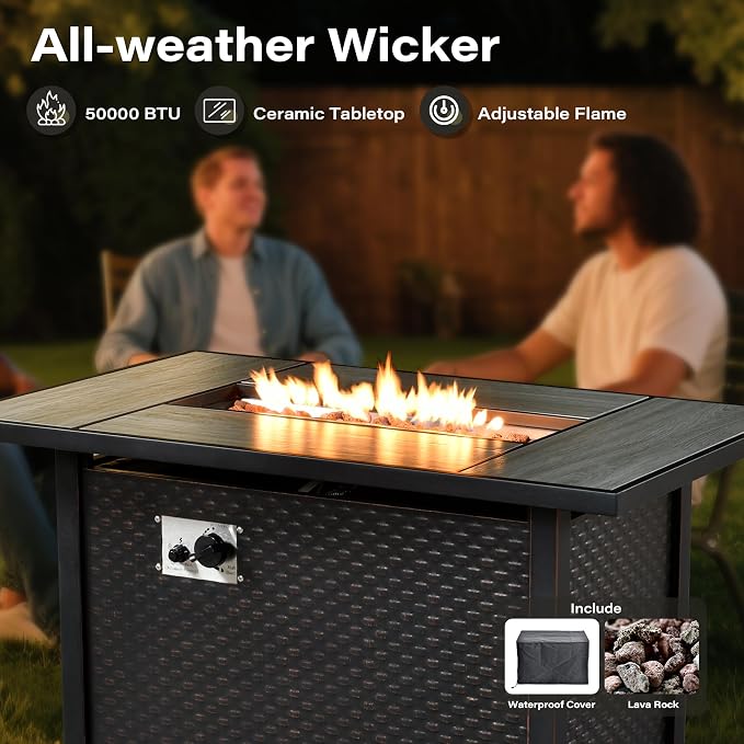 6 Pieces Patio Furniture Set with 42" Fire Pit, All-Weather Rattan Outdoor Sectional Conversation Sets L Shaped Sofas with Solar Light Coffee Table for Porch Balcony Backyard Black