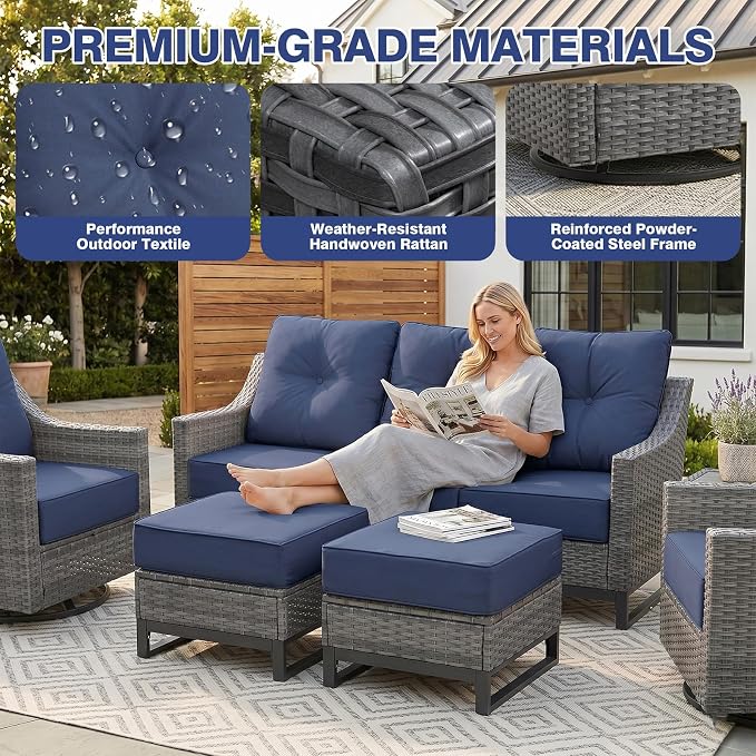 8 Piece Patio Furniture Set, 360°Swivel Glider Patio Chairs Set of 2, Outdoor 2 Wicker Chairs, 2 Ottomans, Sofa ,Side Table All-Weather Wicker Patio Set With 6 Inch Thick Cushions For Balcony Garden