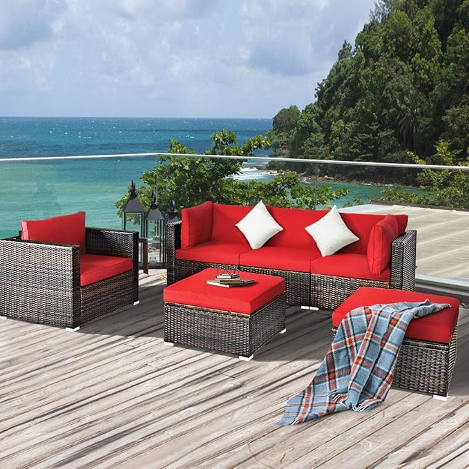 HAPPYGRILL 6PCS Patio Conversation Set Outdoor Furniture Set Rattan Wicker Sectional Sofa Set with Soft Cushions Coffee Table Ottoman for Backyard Garden Poolside