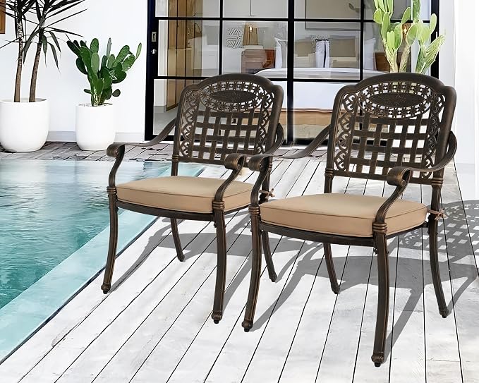TITIMO 5-Piece Outdoor Patio Dining Set, Cast Aluminum Patio Furniture Set, 4 Pattern Chairs with Khaki Cushion and 2.2” Umbrella Hole Table, Cast Aluminum Conversation for Yard Garden Porch Poolside