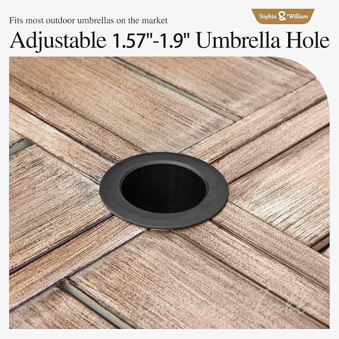 Sophia & William 57.5" Large Outdoor Patio Table for 8, Outdoor Square Metal Dining Table with 1.9" Adjustable Umbrella Hole, All Weather Wrought Iron Furniture Table for Garden Deck, Brown