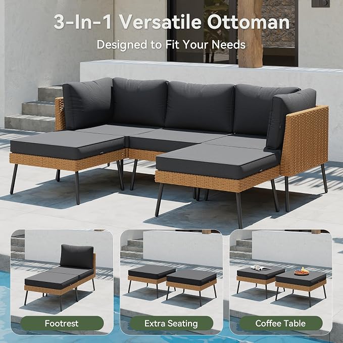 Aoxun 6 Piece Patio Furniture Set, 6 Seats Outdoor Sectional Sofas with Thick Cushion, Wicker Outdoor Patio Furniture Set with Ottomans for Party, Garden, Backyard, Black