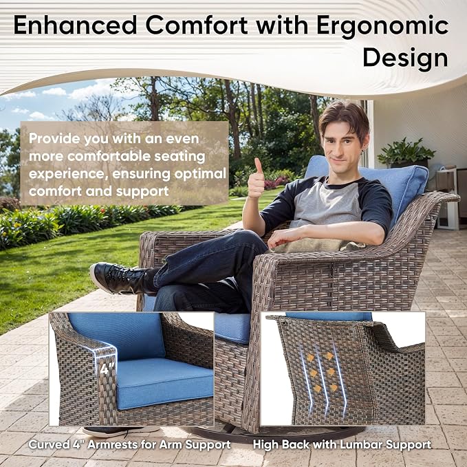 Outdoor Swivel Rocker Patio Chairs-Outdoor Swivel Chair with High Back Patio Chairs for Deck Balcony Poolside Backyard-Brown/Blue