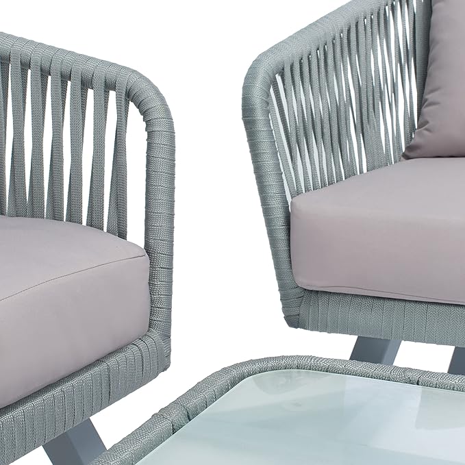 Safavieh Outdoor Collection Jorda Wicker Cushion 4-Piece Rope Patio Backyard Living Set PAT7518C, Grey/Grey