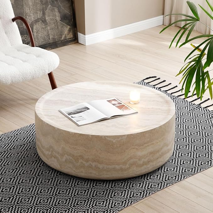 31.49'' Round Coffee Table for Living Room Drum Coffee Table Modern Faux Travertine Stone Coffee Table for Apartment, No Need Assembly (Fiberglass Marble Pattern)