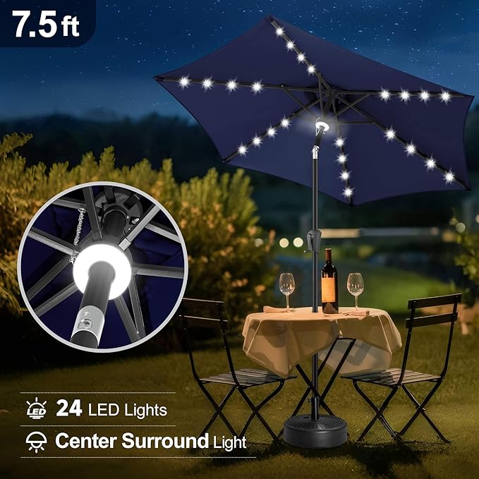 FLAME&SHADE 7.5 FT Solar Light Patio Umbrella, 24 LED Lights Outdoor Umbrella with Centre Surround Light, Table Umbrella Outdoor Patio for Deck, Pool, Backyard, Garden, UV Protection (Navy Blue)