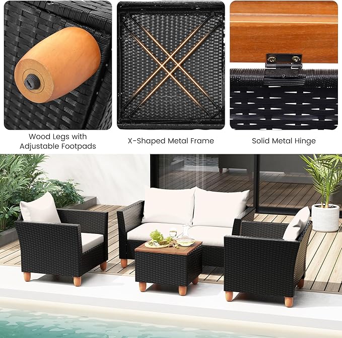 Tangkula 8 Piece Outdoor Conversation Set, Patio Cushioned Chairs w/Storage Coffee Table, Acacia Wood Tabletop & Chair Legs, Patio Wicker Furniture Set for Poolside, Lawn, Porch (2, Off White)