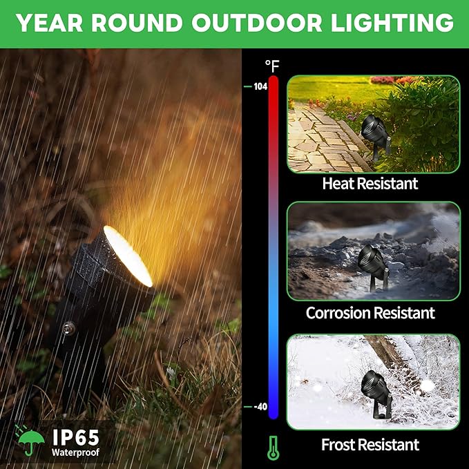 Outdoor Smart Spotlight, RGB Color Changing Landscape Lighting, 300LM Low Voltage IP65 Waterproof, LED Black Aluminum Uplights, Decorative for House Yard Garden Halloween