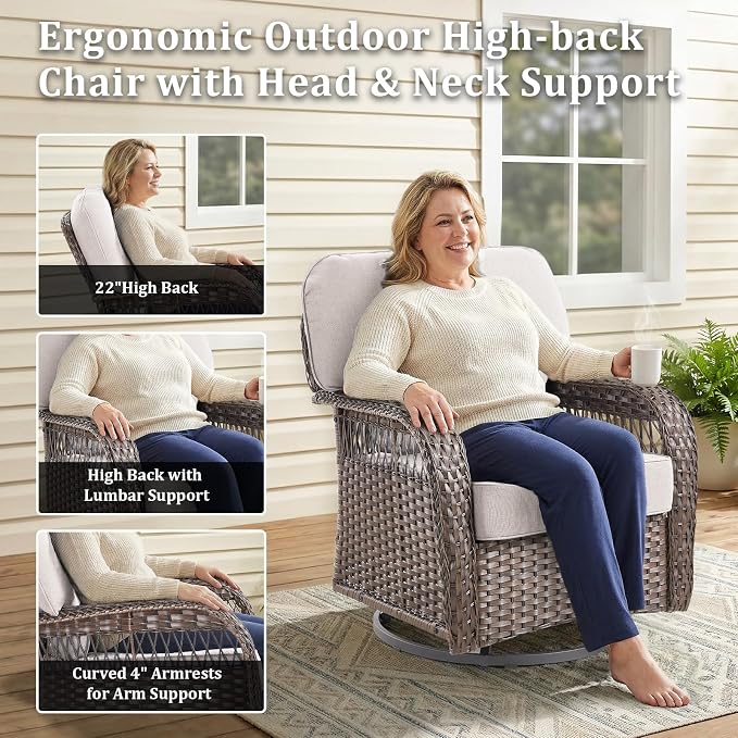 8 PCS Patio Furniture Set Outdoor Sectional Sofa Couch with Rocking Swivel Chairs 5" Deep Seat Chairs, Modern Wicker Rattan Conversation Set, Beige/Brown Wicker