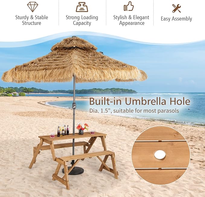 Tangkula 2-in-1 Convertible Wooden Picnic Table, Transforming Interchangeable Outdoor Bench Table with Umbrella Hole, Collapsible Picnic Table and Bench for Garden, Backyard, Porch, Patio