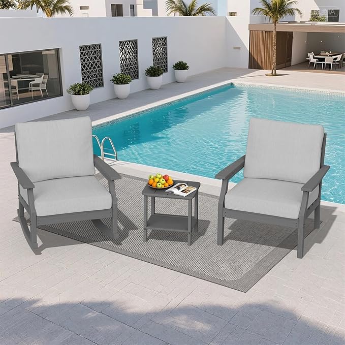 HDPE Patio Conversation Set, 3-Piece All Weather Outdoor Furniture Set with 1 Single Sofa，1 Rocking Sofa for Deck, Lawn, with Cushion, Gray
