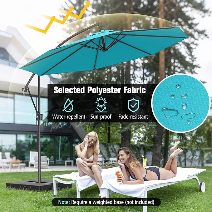 Tangkula 10 FT Patio Offset Umbrella, Hanging Cantilever Umbrella w/X-shaped Base & 360° Rotation, Smooth Crank Handle, Vented Top, Outdoor Market Umbrella for Backyard, Deck (Turquoise)