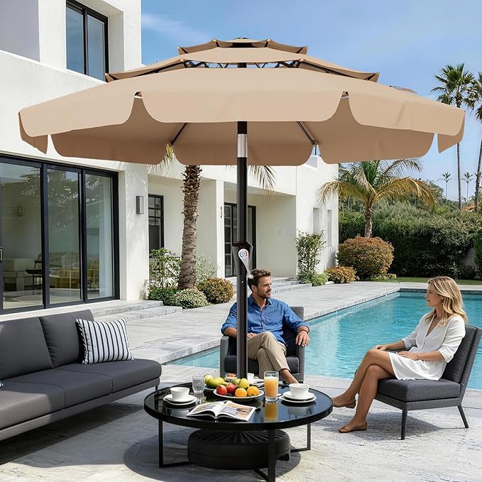 AreShark 9FT 3-Tiers Patio Umbrella with Valance, Outdoor Umbrellas with Crank/Tilt, Table Market Umbrella Vented w/ 8 Sturdy Ribs for Garden, Deck, Backyard, and Pool, Beige