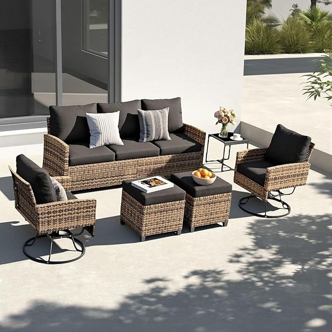 6 Piece Outdoor Furniture Set, Rattan Patio Furniture with 2 Swivel Chairs, 3-Seat Sofa, 2 Ottoman & Side Table, All-Weather Conversation Set for Porch Garden Lawn Balcony (Brown & Black)