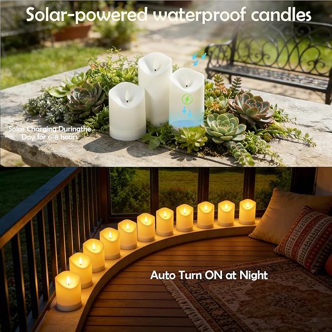 Nimiko Solar Outdoor Waterproof Flameless Candles - 3 Pack Solar & Battery Operated LED Candles, White (D3.25" x 4"/5"/6" Assorted Heights) for Garden, Patio, Outdoor Decoration