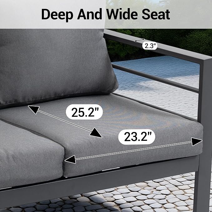 4 Piece Heavy Duty Metal Patio Furniture Set, Outdoor Conversation Set with High Weight Capacity, All-Weather Classic Iron Sofa with Coffee Table & Washable Thick Cushions for Deck, Porch, Grey