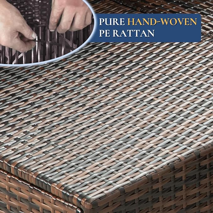 FHFO 14 Piece Outdoor Wicker Patio Furniture Set, Brown/Blue | Sectional Sofa | All-Weather Hand-Woven Rattan | Tempered Glass Coffee Table | Free Combination | Indoor & Outdoor Use