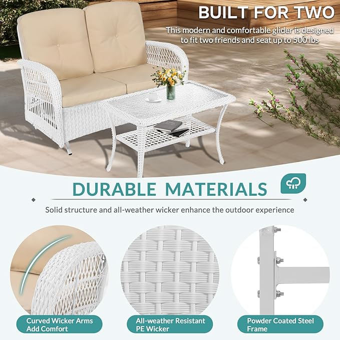 MEETWARM Outdoor Wicker Patio Glider Set, Loveseat for 2 Person Porch Furniture Glider with Glass-Top Coffee Table, Patio Glider Rocking Bench with Thickened Cushions, White Wicker/Beige