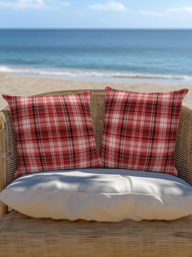 Waterproof Outdoor Pillow Set of 2 Red Checked Plaid Decorative Throw Pillows Cover & Insert 16x16 Inch Pillowcase Stripes Woven Grid Square Pillows for Couch Sofa Bed Patio Furniture Indoor Outdoor