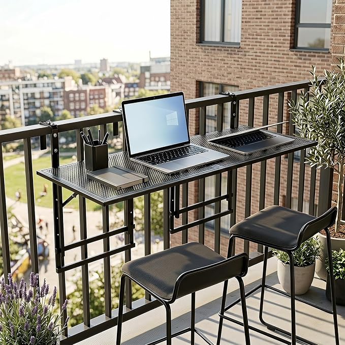 Giantex 48" Balcony Railing Table, 2-Piece Connectable Metal Folding Hanging Bar Table with 5-Level Adjustable Height, Fit 1.5"-3.5" Round/Square Railing, Outdoor Side Desk for Patio & Deck