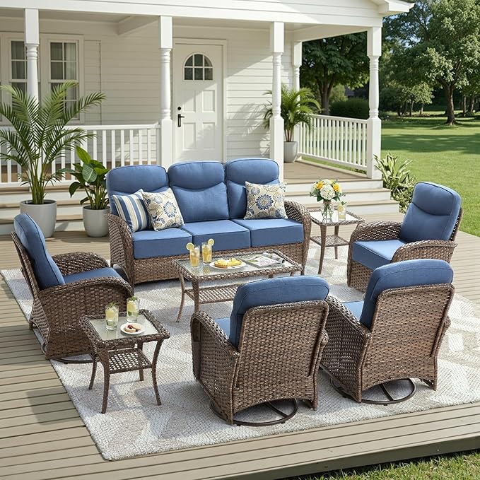 8 Pieces Luxury Outdoor Patio Furniture Set with 6-Inch Thick Cushions, Wicker Outdoor Furniture with High Back Swivel Patio Chairs Set of 4, Patio Conversation Set for Deck Garden Porch, Blue