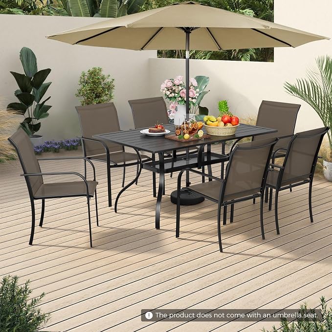 7-Piece Patio Dining Set with Umbrella,6 Person Outdoor Table and Chairs Set, 6 Metal Dining Chairs and Rectangular Outdoor Table with 1.57" Umbrella Hole,Khaki