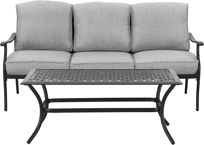 LOKATSE HOME 3 Seat Metal Patio Loveseat Bench Outdoor Furniture Bistro Set with Coffee Table for Lawn Front Porch Garden Yard or Poolside, Grey