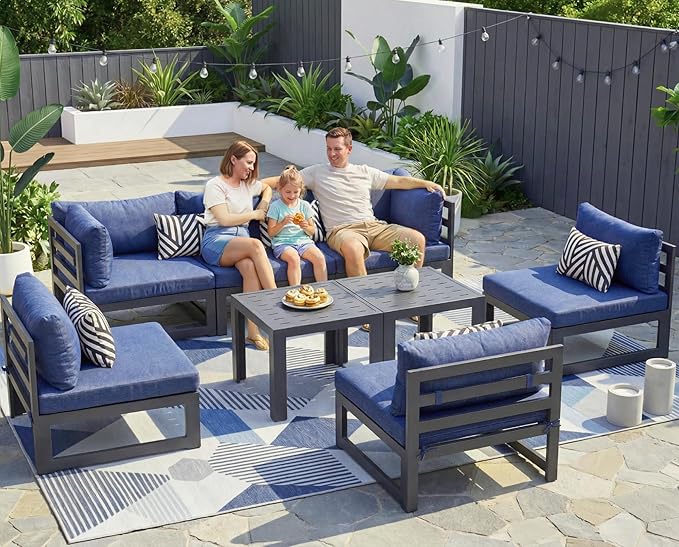 NICESOUL 8 Piece L Shaped Modern Aluminum Outdoor Patio Furniture Set, 29" Wide Deep Sitting, Large Fade Resistant Modular Sectional Sofa, 500 lbs Sturdy Comfy Conversation Set for Garden, Denim Blue