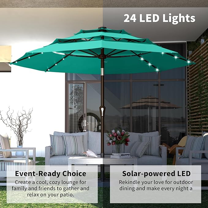 Kingdura 10ft 3-Tier Patio Umbrella with Solar Lights, Table Umbrella Outdoor Patio with Easy Crank & Tilt, 8 Sturdy Ribs, UV Protection, 32 LED Lights for Deck, Poolside, Market (Tiffany blue)