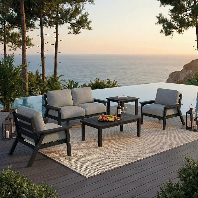 6 Piece HDPE Outdoor Furniture Set with Gray Cushions (Black Frame) | All-Weather HDPE, 6PC Modular Furniture Set, Deep Spacious Seats, Thick Washable Cushions, Ideal for Backyard Deck Porch