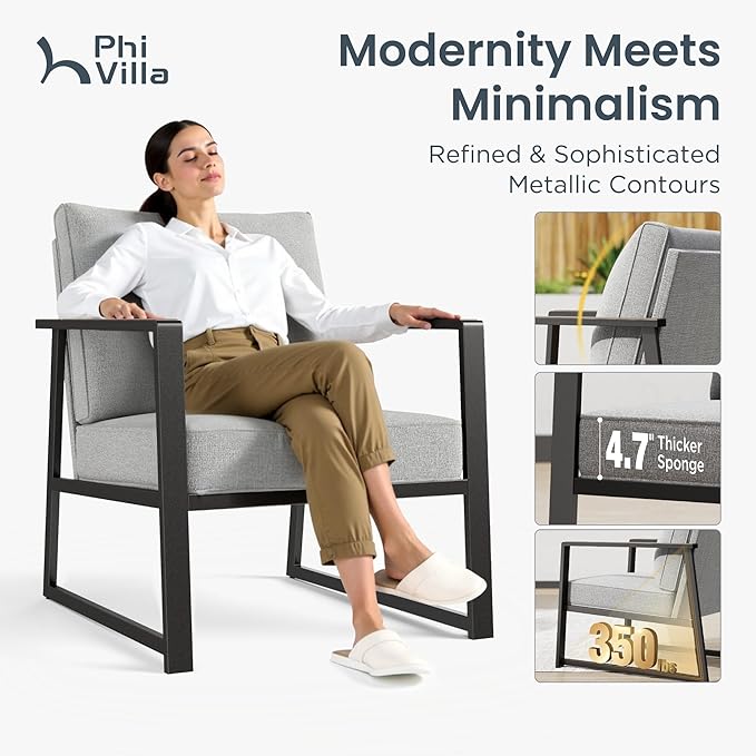 PHI VILLA Patio Furniture Metal Armchair,2 PCS All-Weather Outdoor Contemporary Sofa Chair,Black Frame with Textilene Cushion（Backyard ICON Collection）