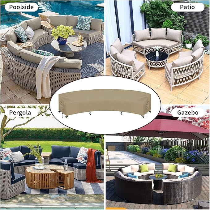 PureFit Outdoor Sectional Sofa Cover Waterproof Curved Patio Furniture Covers for Deck, Lawn and Backyard, 190Lx36Dx39Hx128FL, Camel