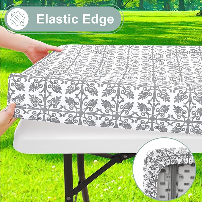 misaya Picnic Table Cover with Bench Cover, Waterproof Elastic Fitted Tablecloth for 6 Foot Tables, Rectangle Washable Polyester Tablecloths for Picnic, Camping, Outdoor (Grey, 30" x 72")