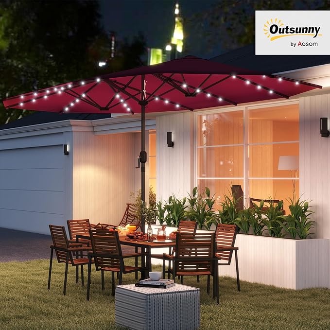 Outsunny 14.8ft Double Umbrella, Large Outdoor Patio Sun Shade with LED Solar Light for Garden