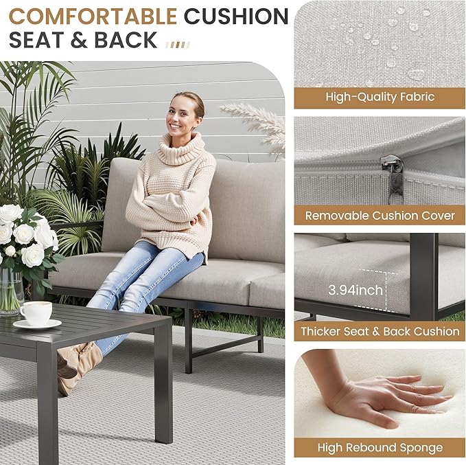 Aluminum Patio Conversation Set 5 Pieces Metal Deck Outdoor Furniture 7-Seat All-Weather Rust-Proof Sectional Sofa Set with Removable Cushion for Balcony, Yard, Poolside & Small Spaces