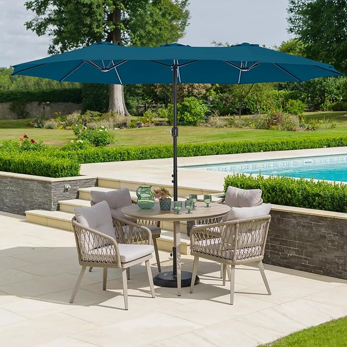 HERA'S PALACE Umbrella Patio Outdoor with Base 15ft Rectangle Table Double Market Umbrellas Clearance Large Included Stand for Deck Outside Pool Picnic Inground Yard Commercial (Cerulean)