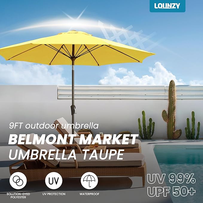 LOUNZY 9FT Large Outdoor Patio Umbrella Table Umbrella-UV Resistant,Easy Push Button Tilt and Crank,8 Sturdy Fiberglass Ribs Pool Umbrella for Patio,Backyard,Deck,Yard,Market