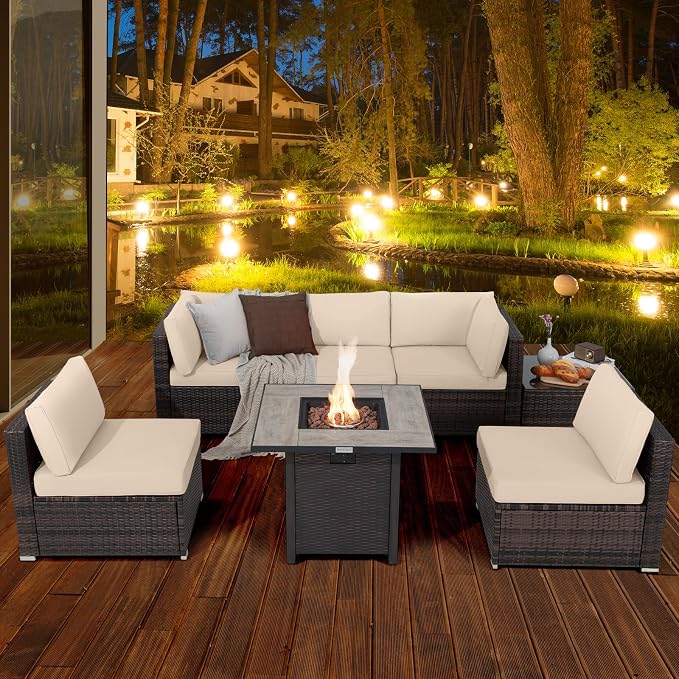 Tangkula 7 Piece Patio Furniture Set with Fire Pit Table, Patiojoy Outdoor PE Wicker Conversation Sectional Sofa Set with 30 Inches 50,000 BTU Propane Fire Pit Table, Waterproof PVC Cover (Brown)