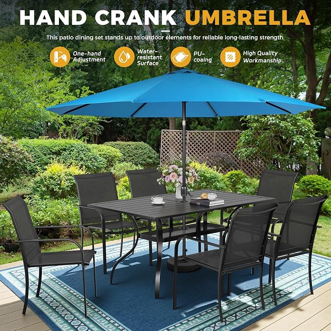 Incbruce 8 Pieces Patio Dining Set with Sky Blue Umbrella, Outdoor Dining Set of 6 Textilene Chairs and Rectangle Table with Umbrella Hole for Backyard, Garden, and Poolside (Black)