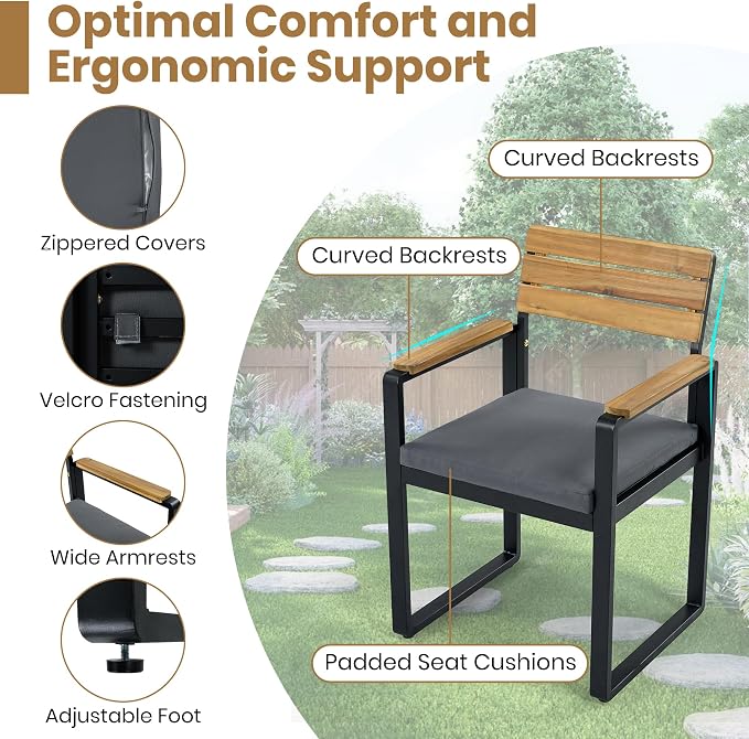 NicBex 6-Piece Patio Dining Set, Outdoor Table and Chairs for 6, Acacia Wood & Metal Frame with Umbrella Hole, Comfortable Cushions & Adjustable Feet, for Garden, Backyard, or Porch, Gray Cushions